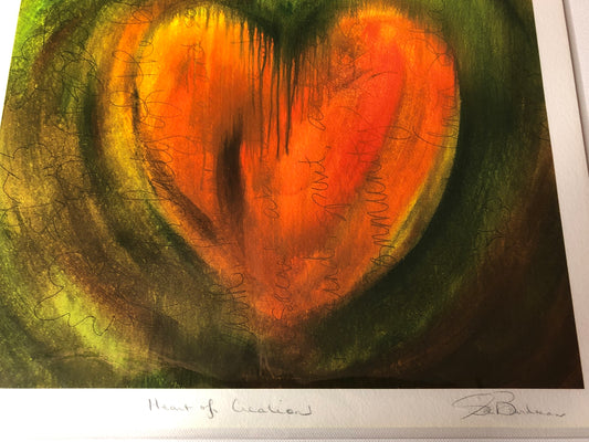 "Heart of Creation"  11x14” Art Print, Original Artwork, Orange Heart on layered Green Background.