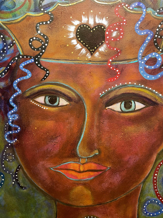 "She Follows Her Heart". Original Art print on canvas, Feminine figure with Newf and Soup Pot